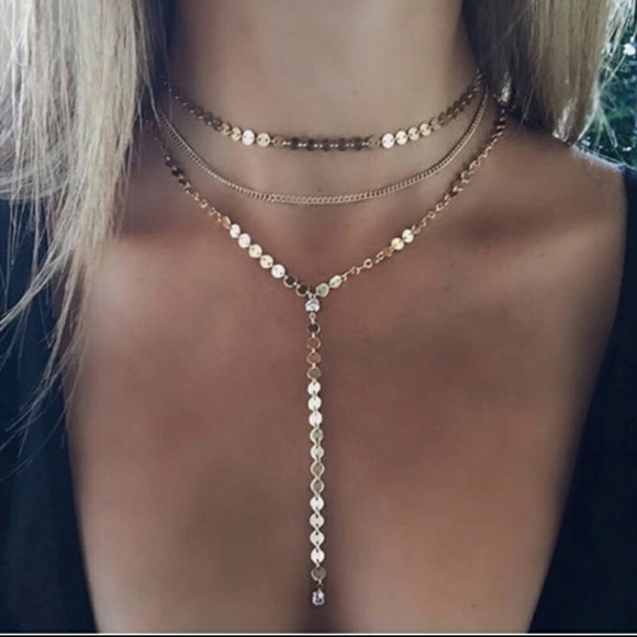 🌠BEST SELLER🌠GOLD LAYERED CHOKER DANGLE NECKLACE - Picture 3 of 4